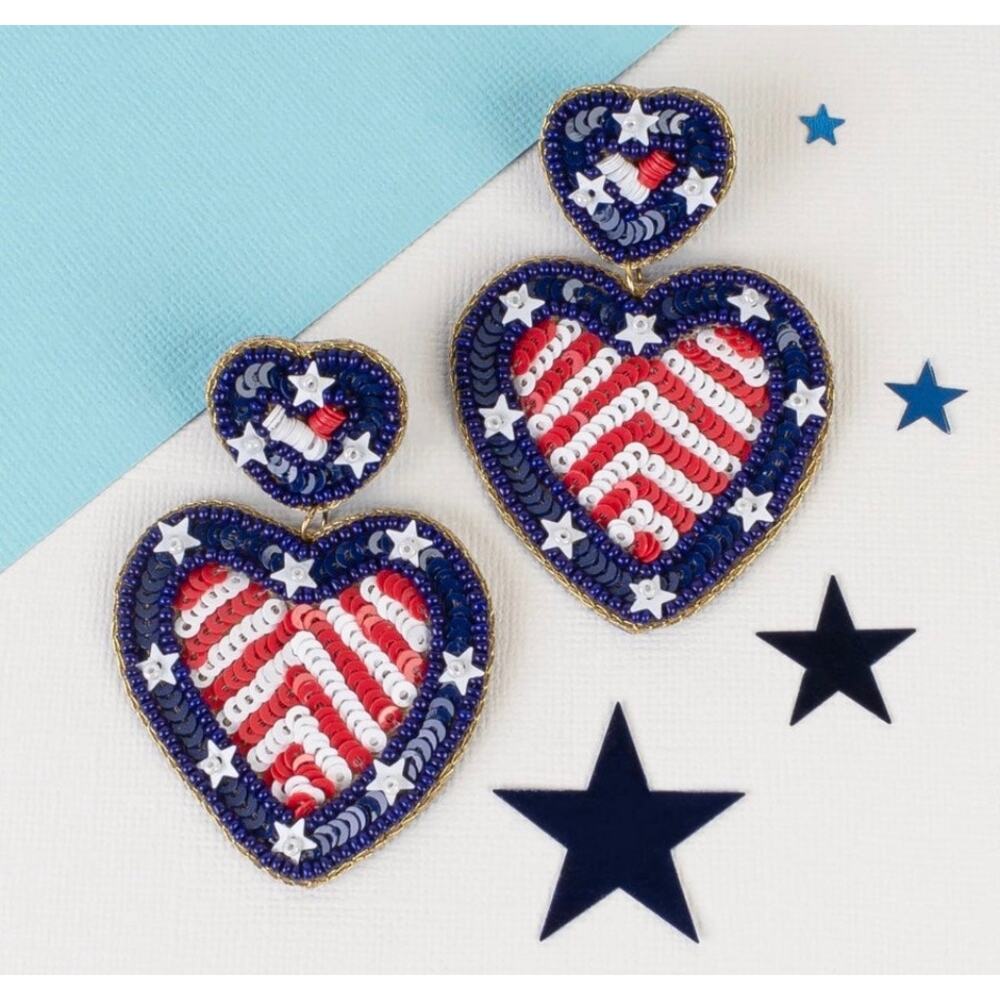 NEW Americana Flag Heart Sequin Beaded Earrings Patriotic Statement Dangle - Picture 2 of 3